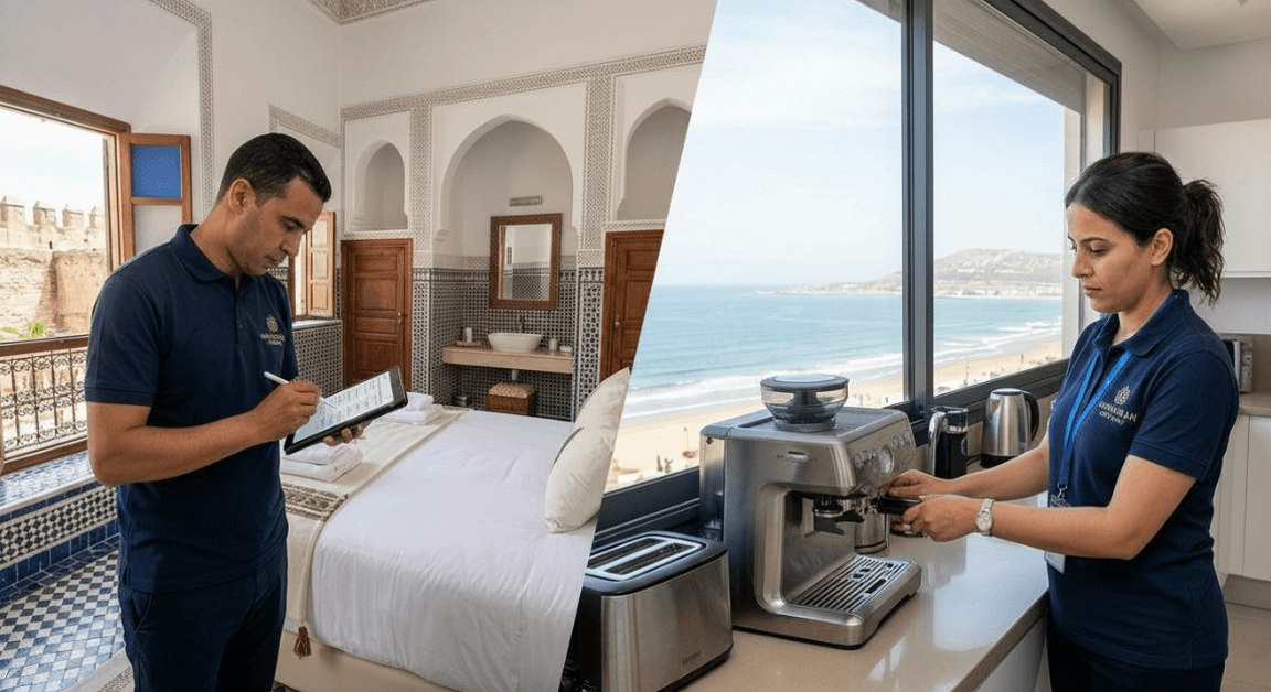 Les référents qualité Marhaban contrôlant un logement à Essaouira et un appartement à Agadir.